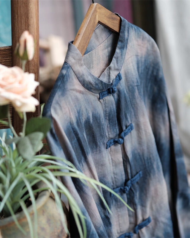 Chinese Button Cheongsam Qipao Long Top - Abstract Blue