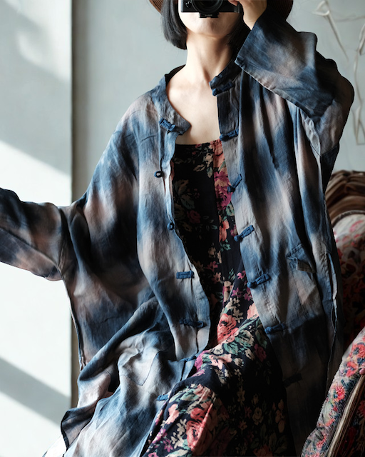 Chinese Button Cheongsam Qipao Long Top - Abstract Blue