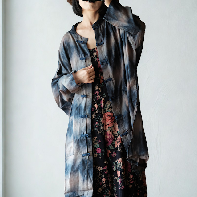 Chinese Button Cheongsam Qipao Long Top - Abstract Blue