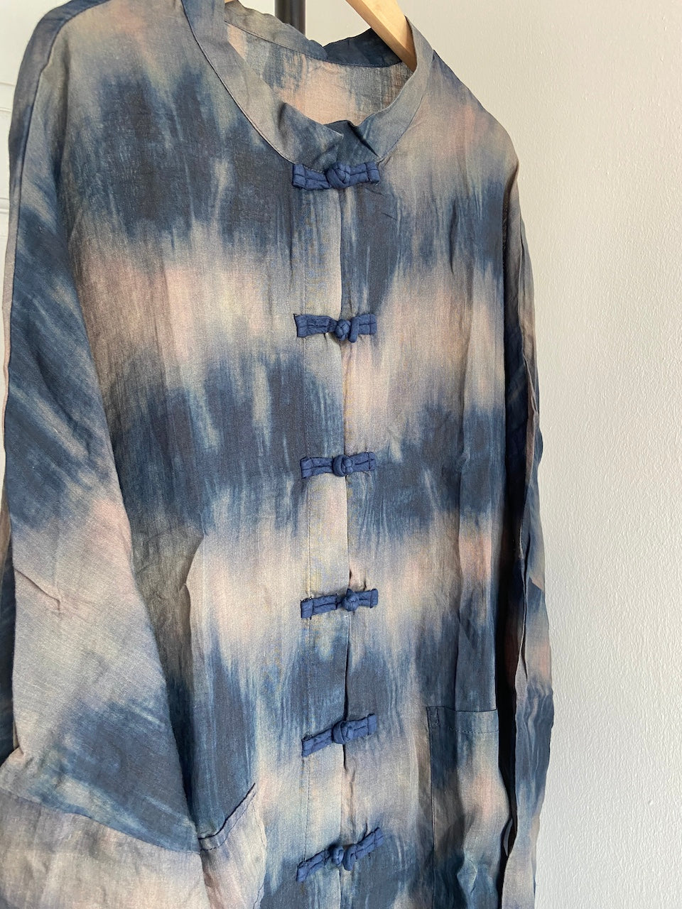 Chinese Button Cheongsam Qipao Long Top - Abstract Blue