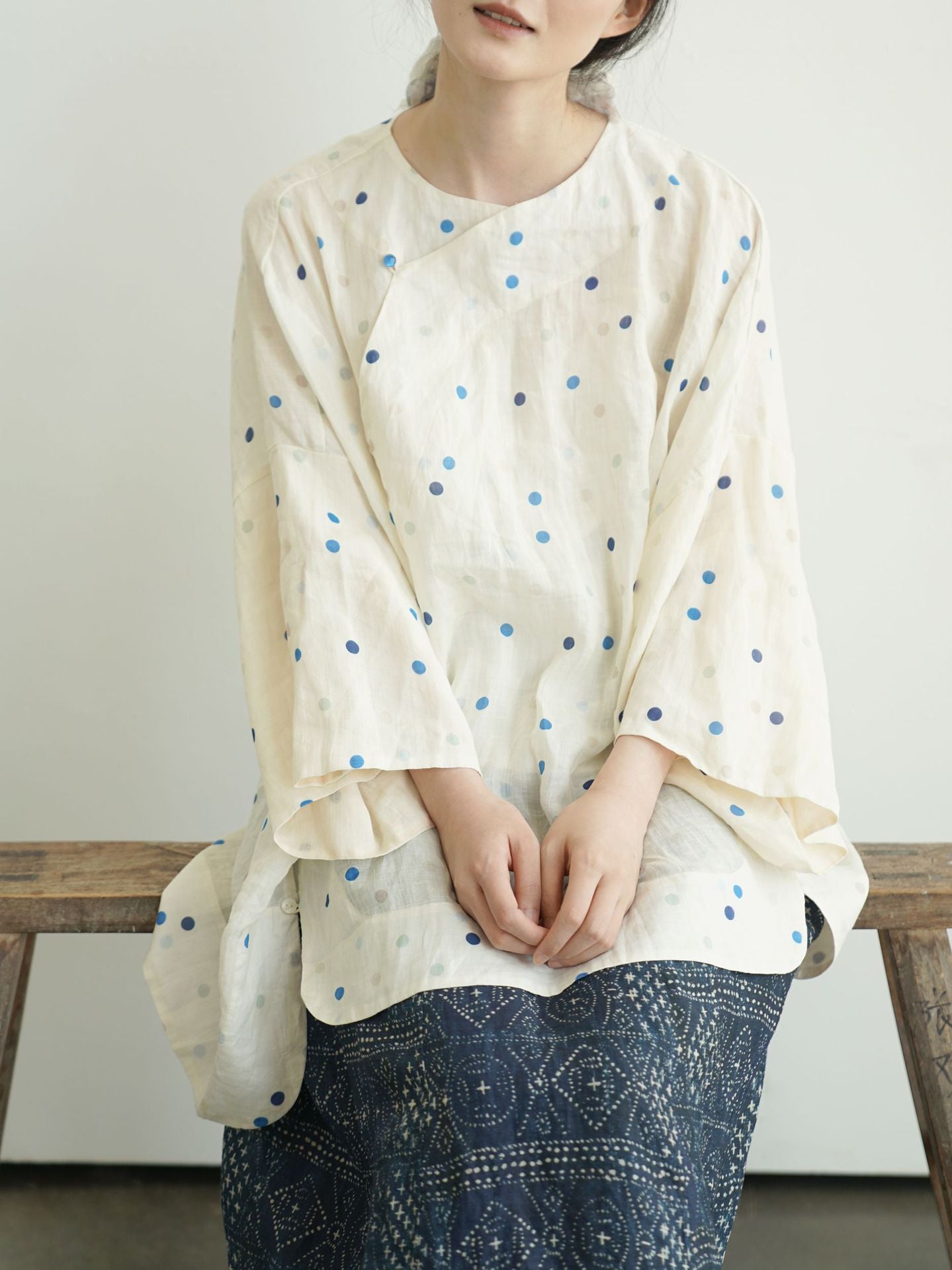 Blue Polka Dot Cheongsam Qipao Maxi Top