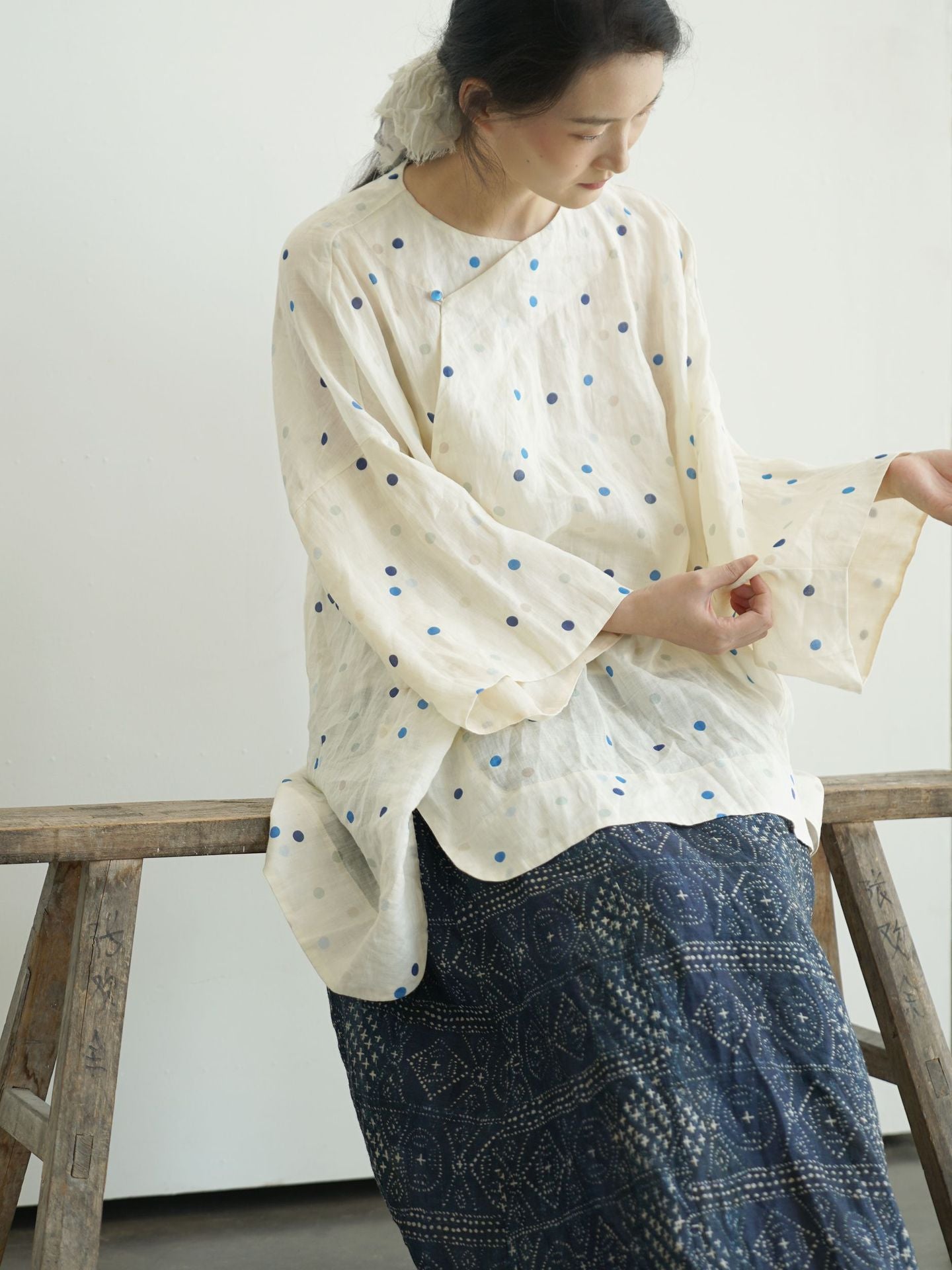 Blue Polka Dot Cheongsam Qipao Maxi Top