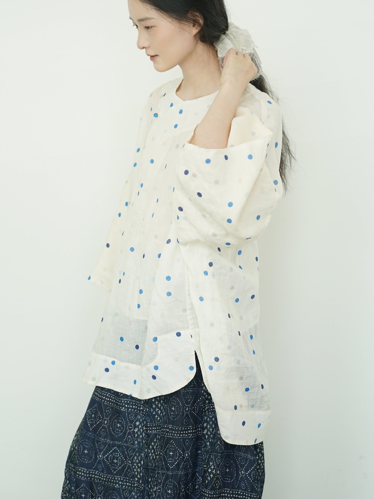 Blue Polka Dot Cheongsam Qipao Maxi Top