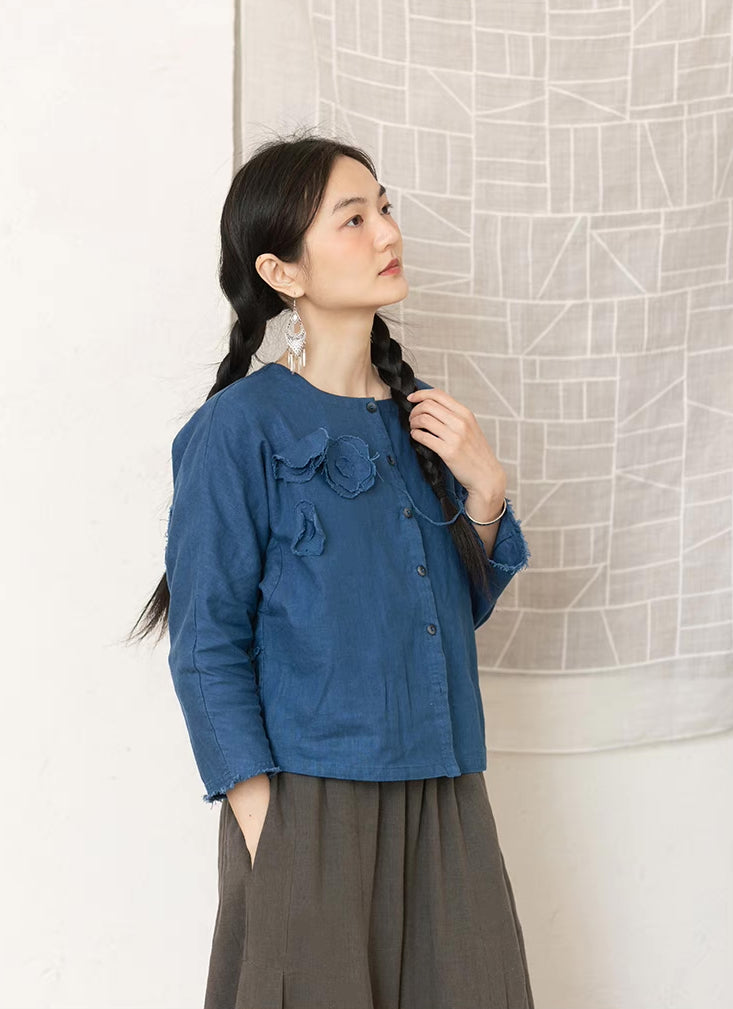 Blue Button Shirt with Flower Applique