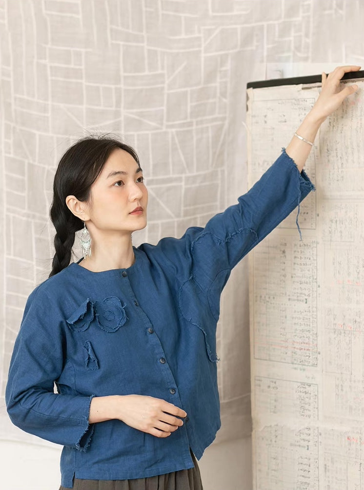 Blue Button Shirt with Flower Applique