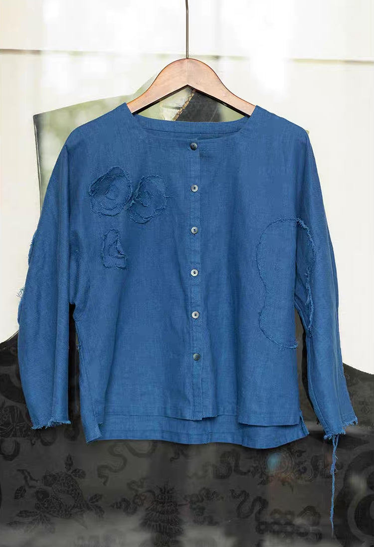 Blue Button Shirt with Flower Applique