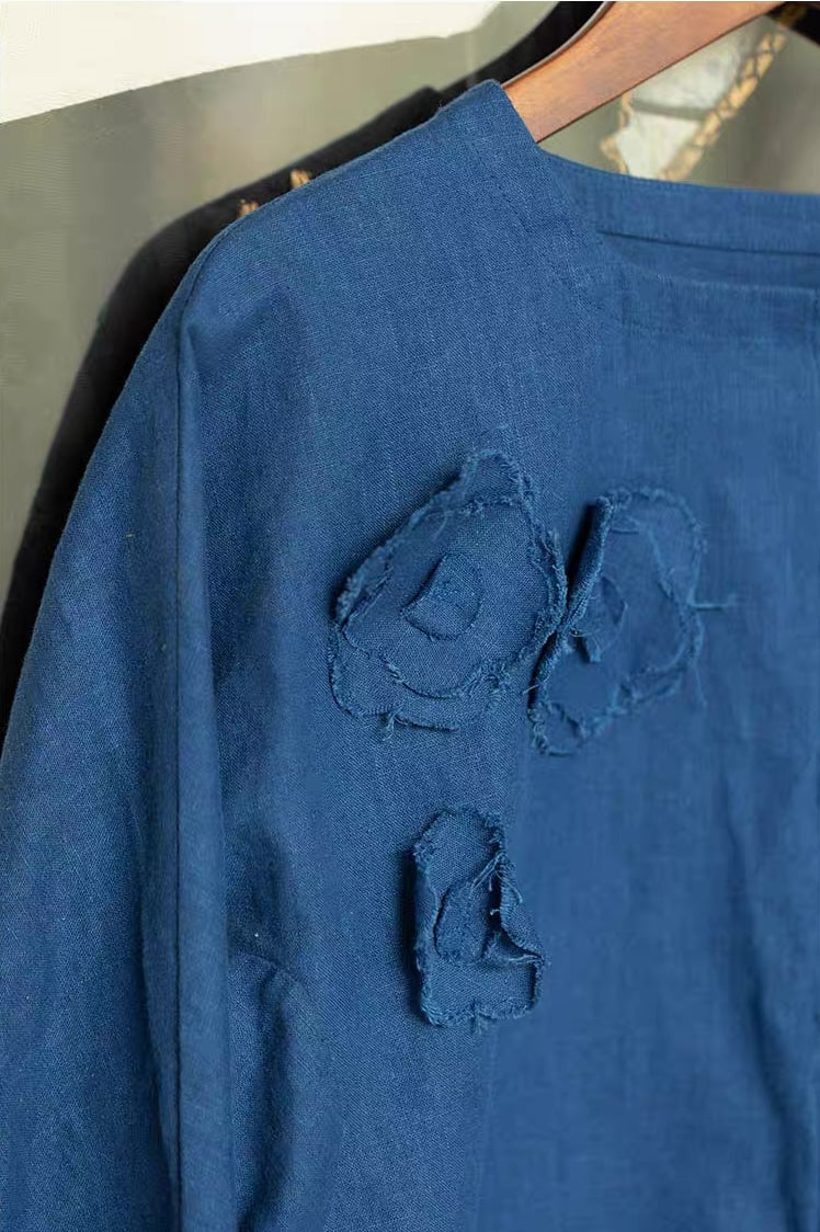 Blue Button Shirt with Flower Applique