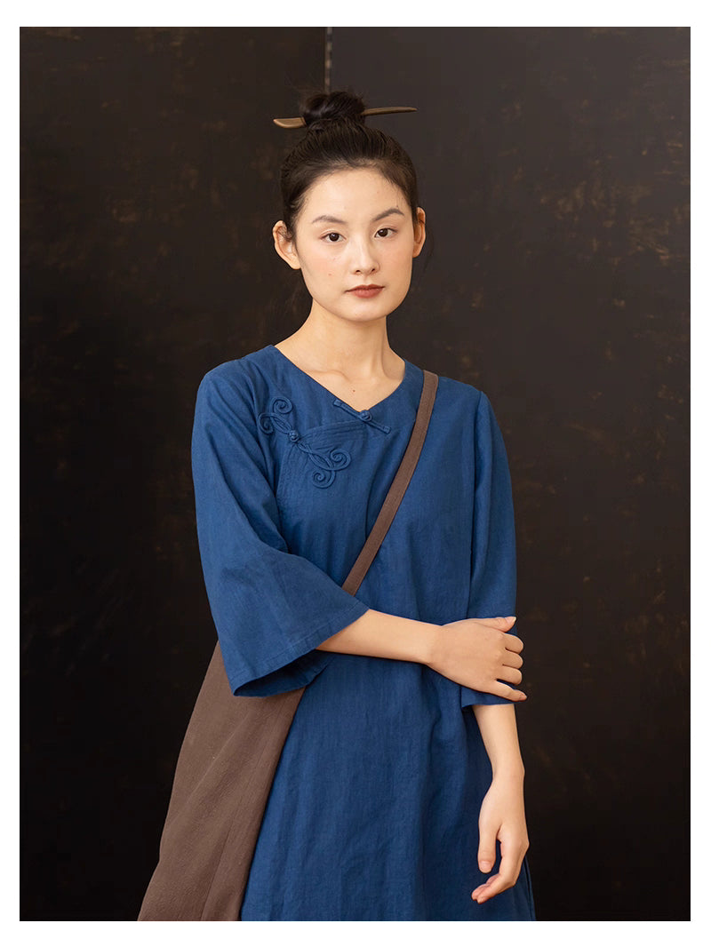 Butterfly Pankou Cheongsam Qipao Dress in Blue
