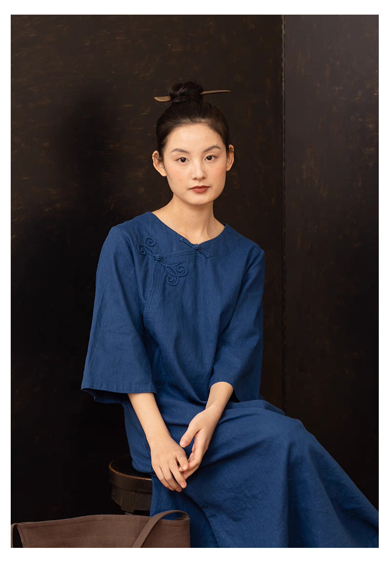 Butterfly Pankou Cheongsam Qipao Dress in Blue