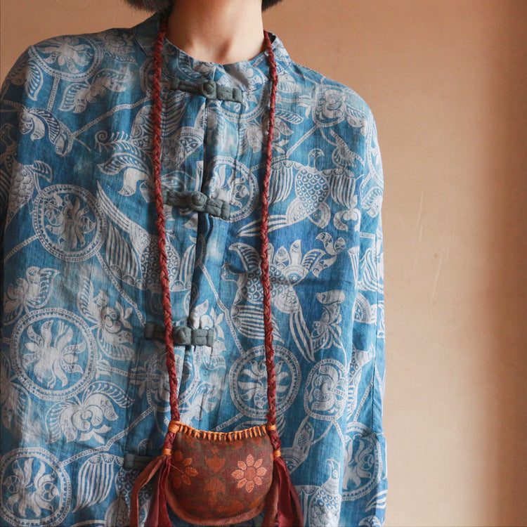 Chinese Button Butterfly Sleeve Cheongsam Qipao Top in Blue Print