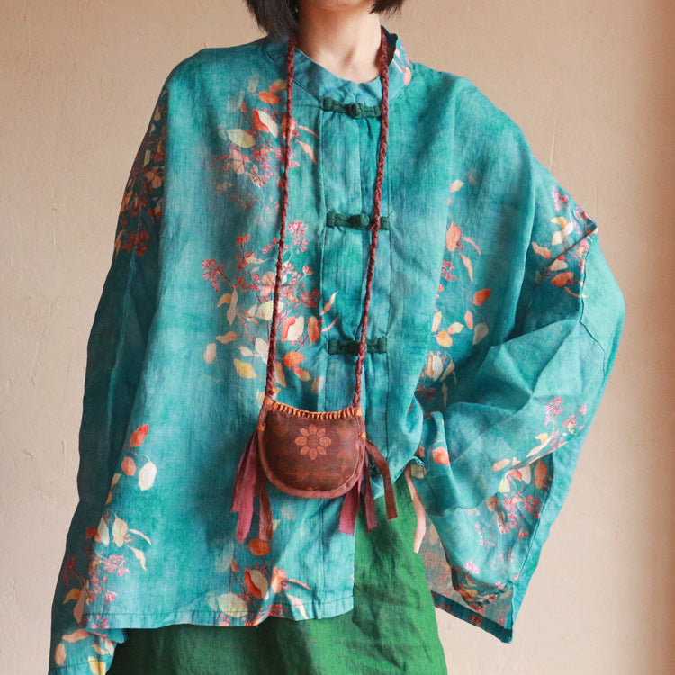 Chinese Button Cheongsam Qipao Maxi Top - Green Autumn Leaves