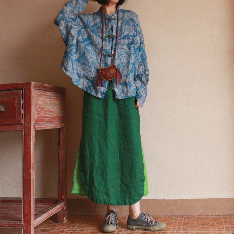 Chinese Button Butterfly Sleeve Cheongsam Qipao Top in Blue Print