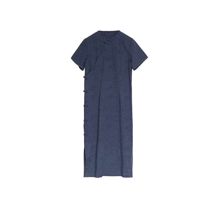 Classic Linen Cheongsam Dress in Midnight Blue