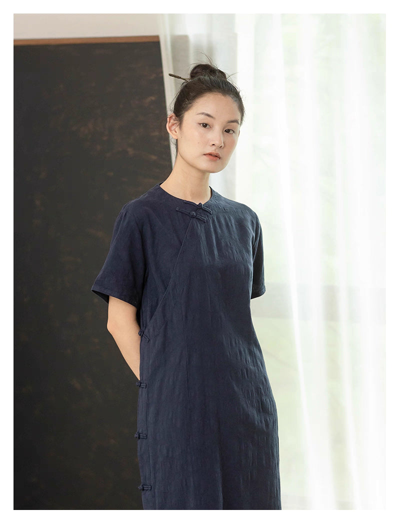 Classic Linen Cheongsam Dress in Midnight Blue