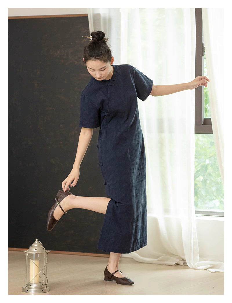 Classic Linen Cheongsam Dress in Midnight Blue