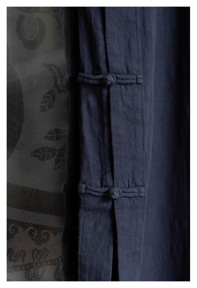 Classic Linen Cheongsam Dress in Midnight Blue