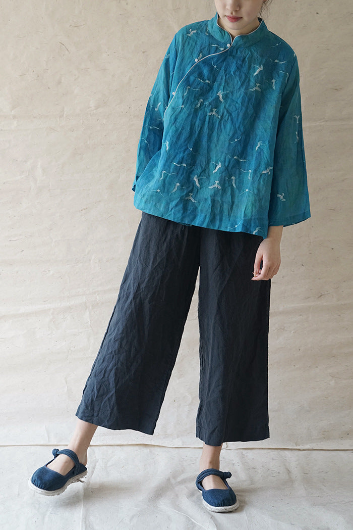 Crane Cheongsam Top in Turquoise