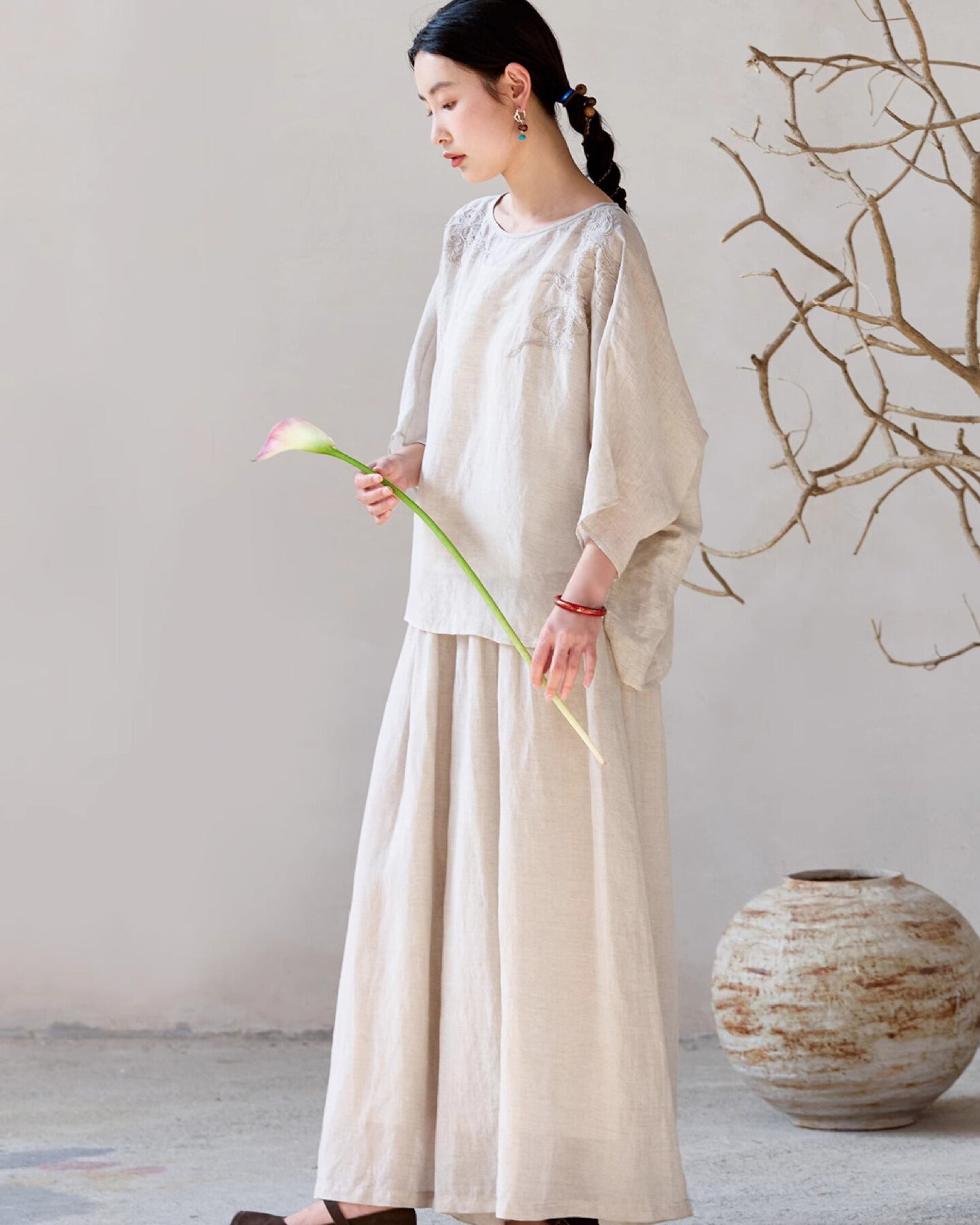 Embroidered Ramie Top in Beige