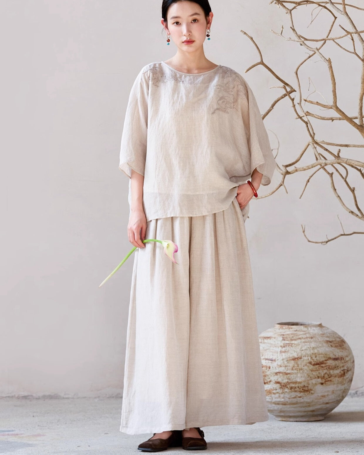 Embroidered Ramie Top in Beige