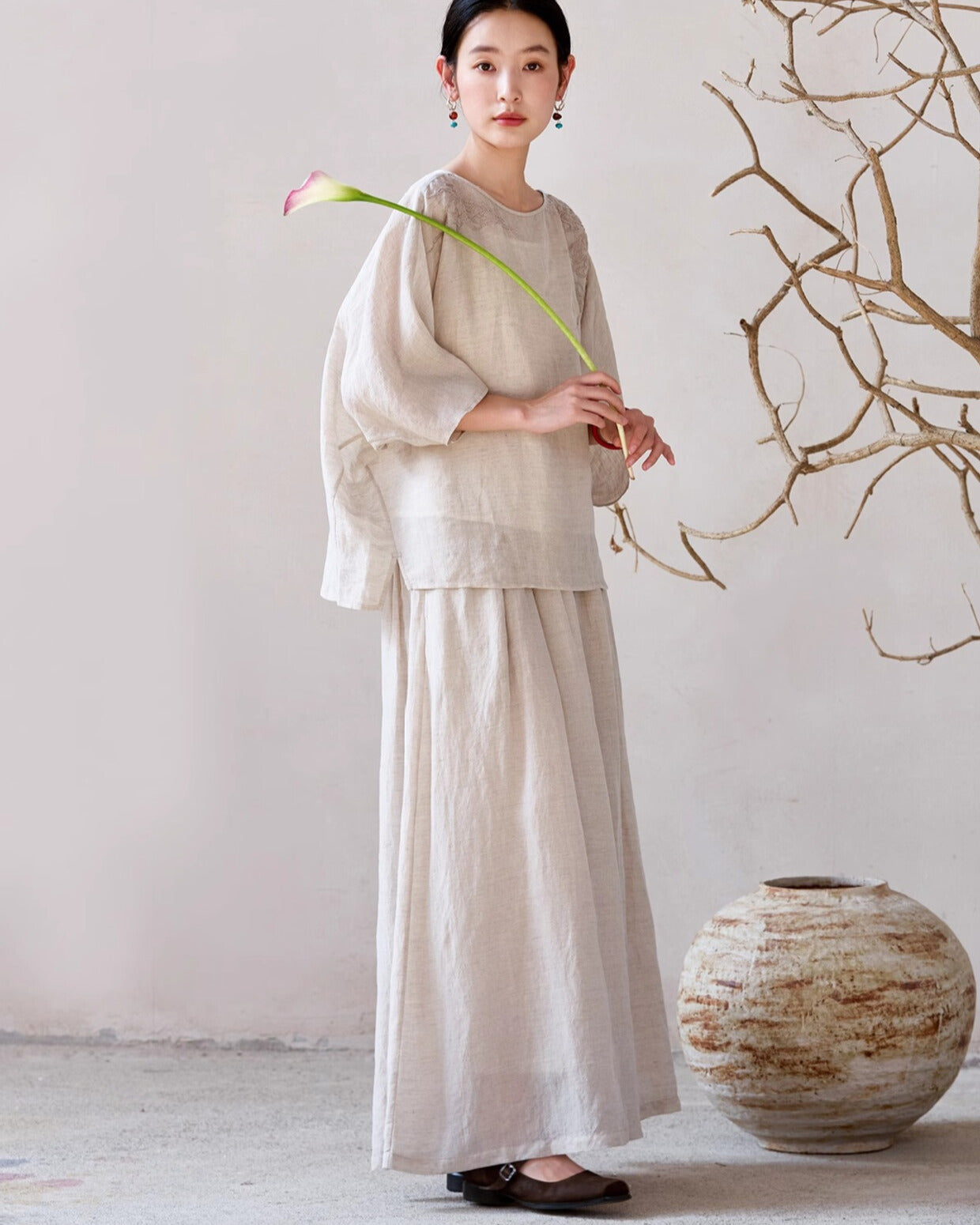 Embroidered Ramie Top in Beige