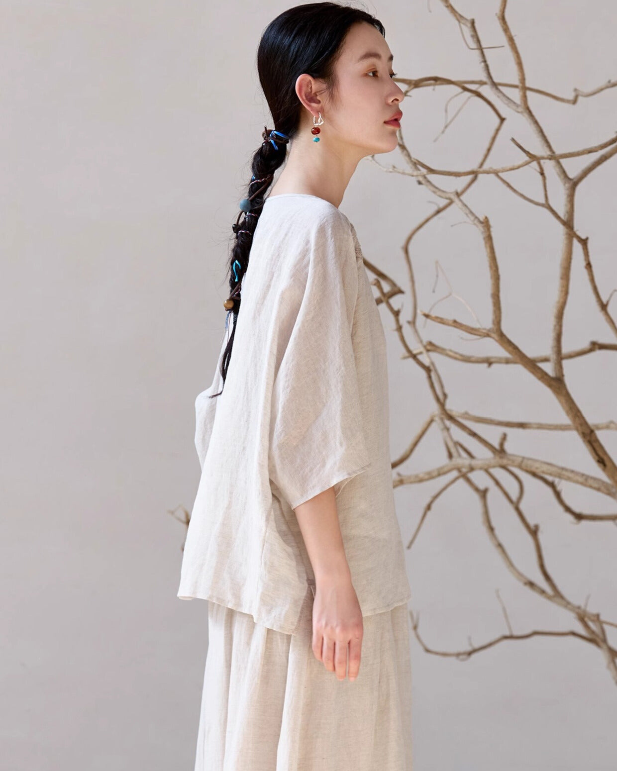 Embroidered Ramie Top in Beige