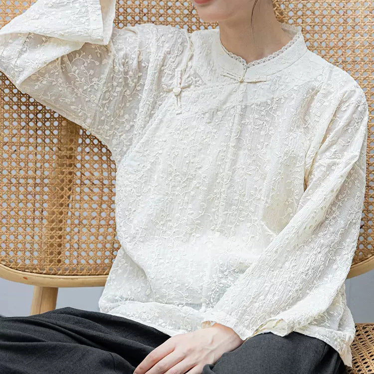 Floral Embroidered Cheongsam Qipao Top in Beige