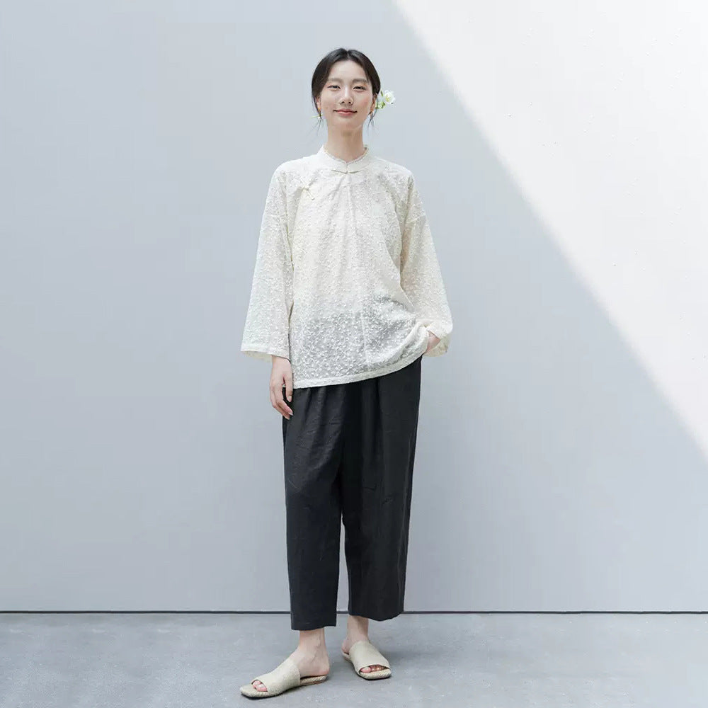 Floral Embroidered Cheongsam Qipao Top in Beige