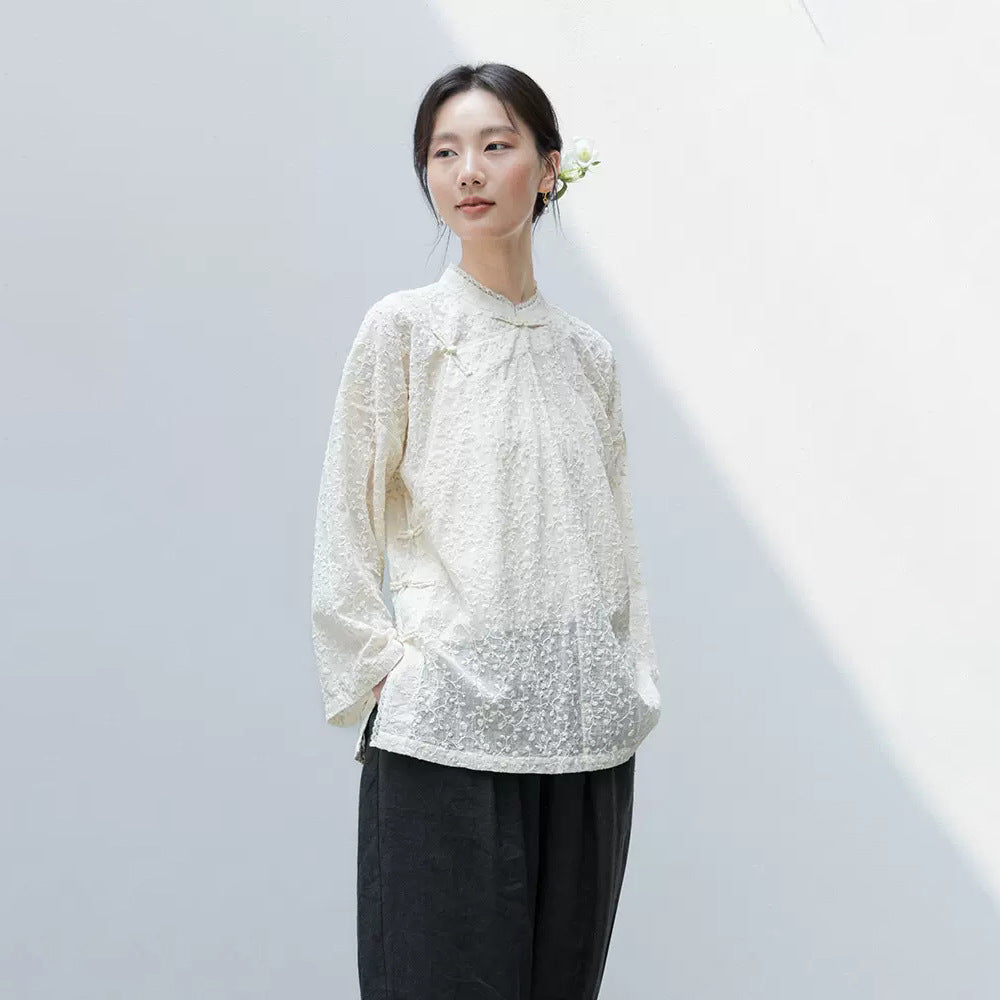 Floral Embroidered Cheongsam Qipao Top in Beige