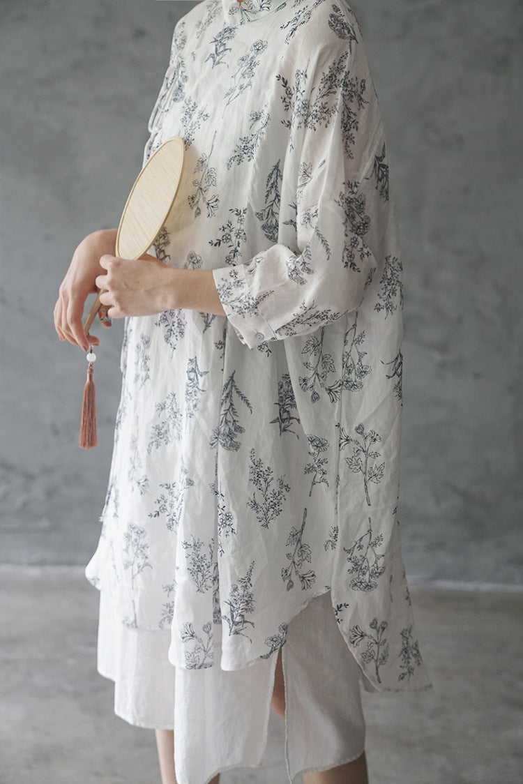 Floral Print Chinese Collar Long Top