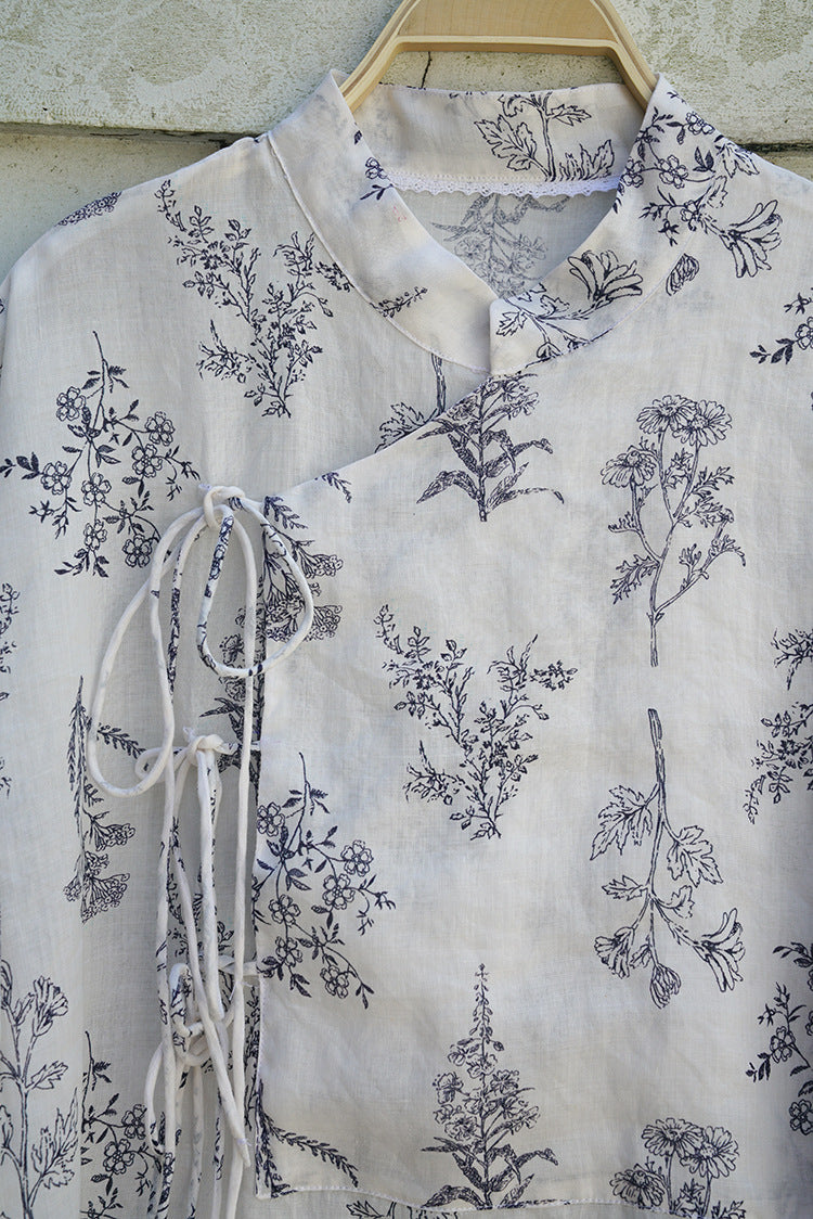 Floral Print Chinese Collar Long Top