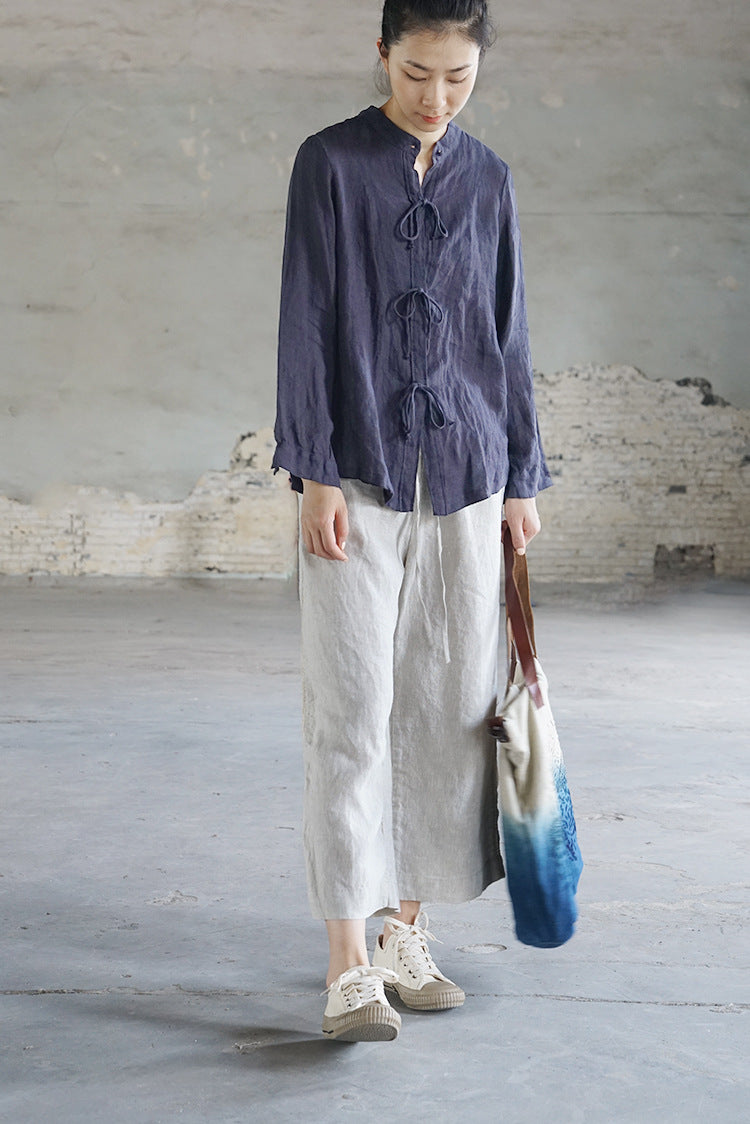 French Style Linen Top with Ribbon in Navy Blue