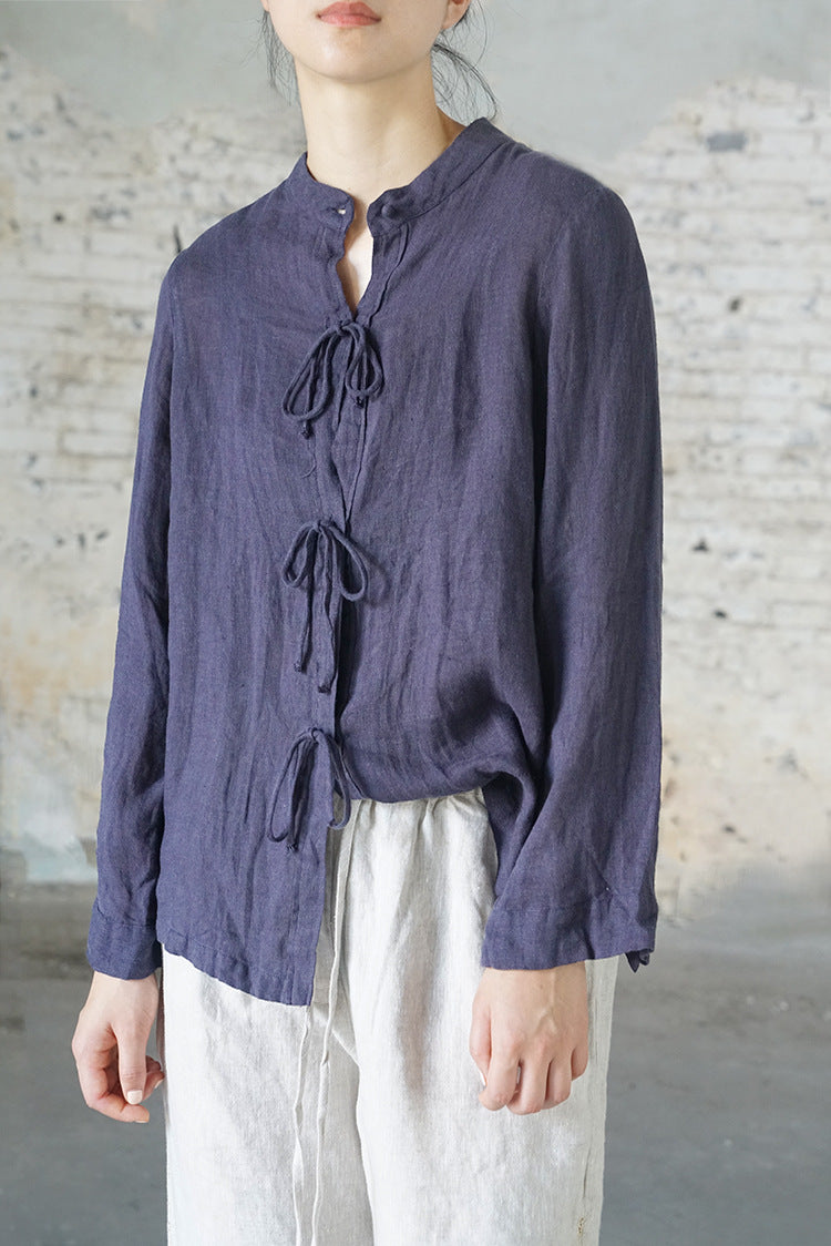 French Style Linen Top with Ribbon in Navy Blue