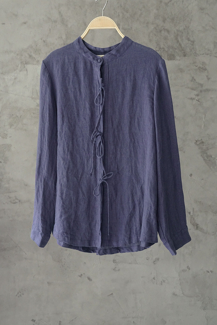 French Style Linen Top with Ribbon in Navy Blue