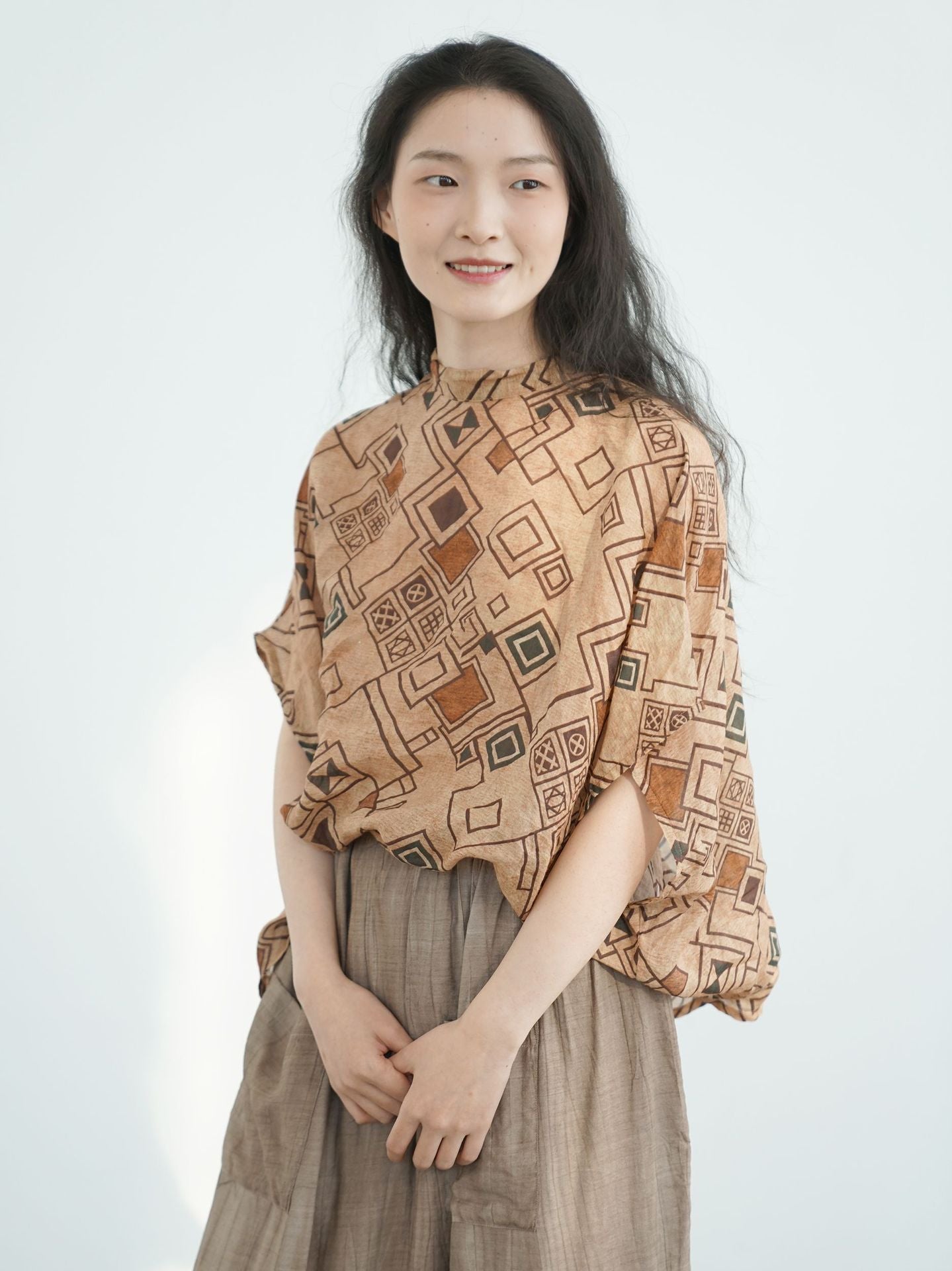 Brown Geometric Print Wide Sleeve Top