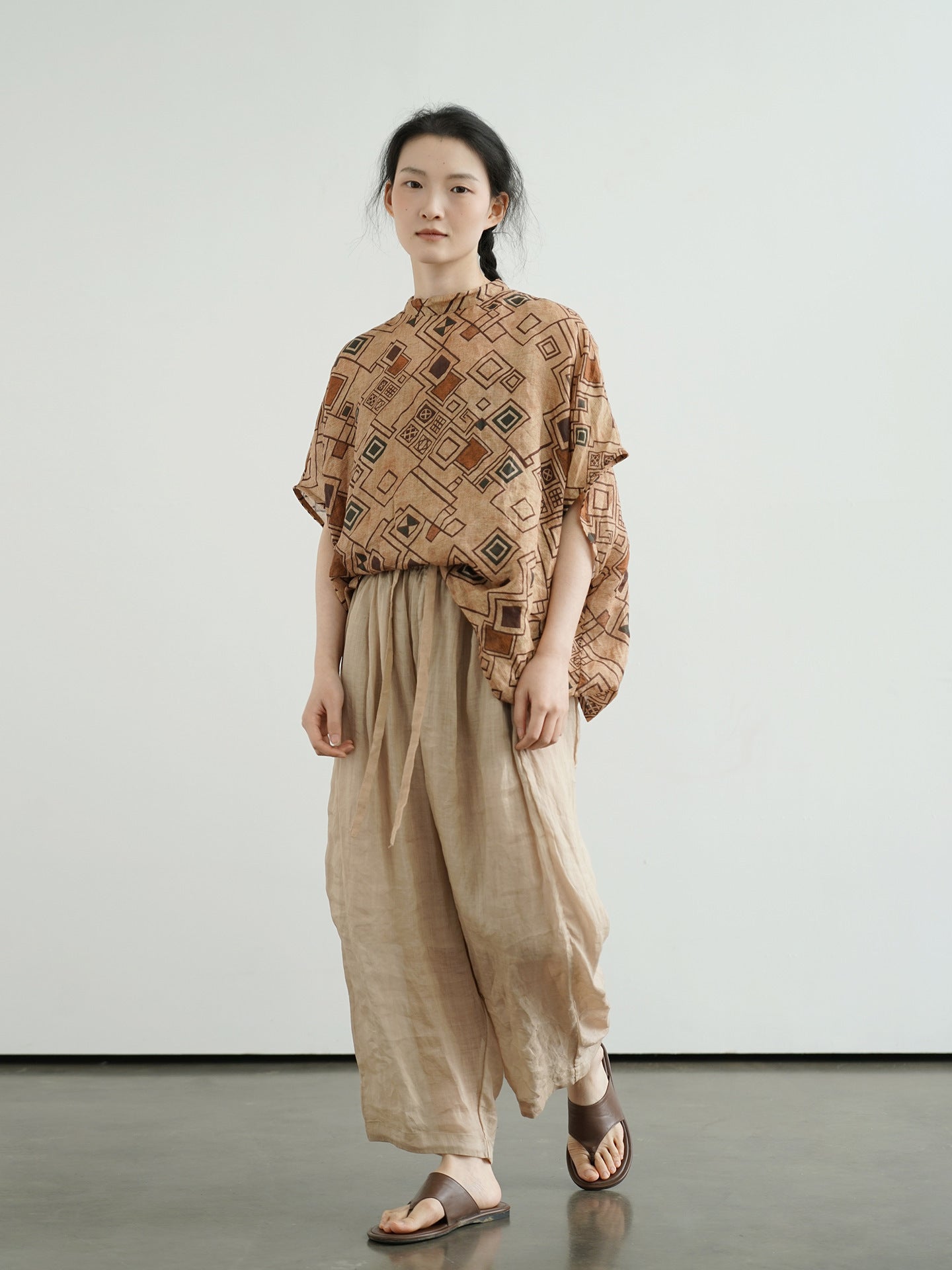 Brown Geometric Print Wide Sleeve Top