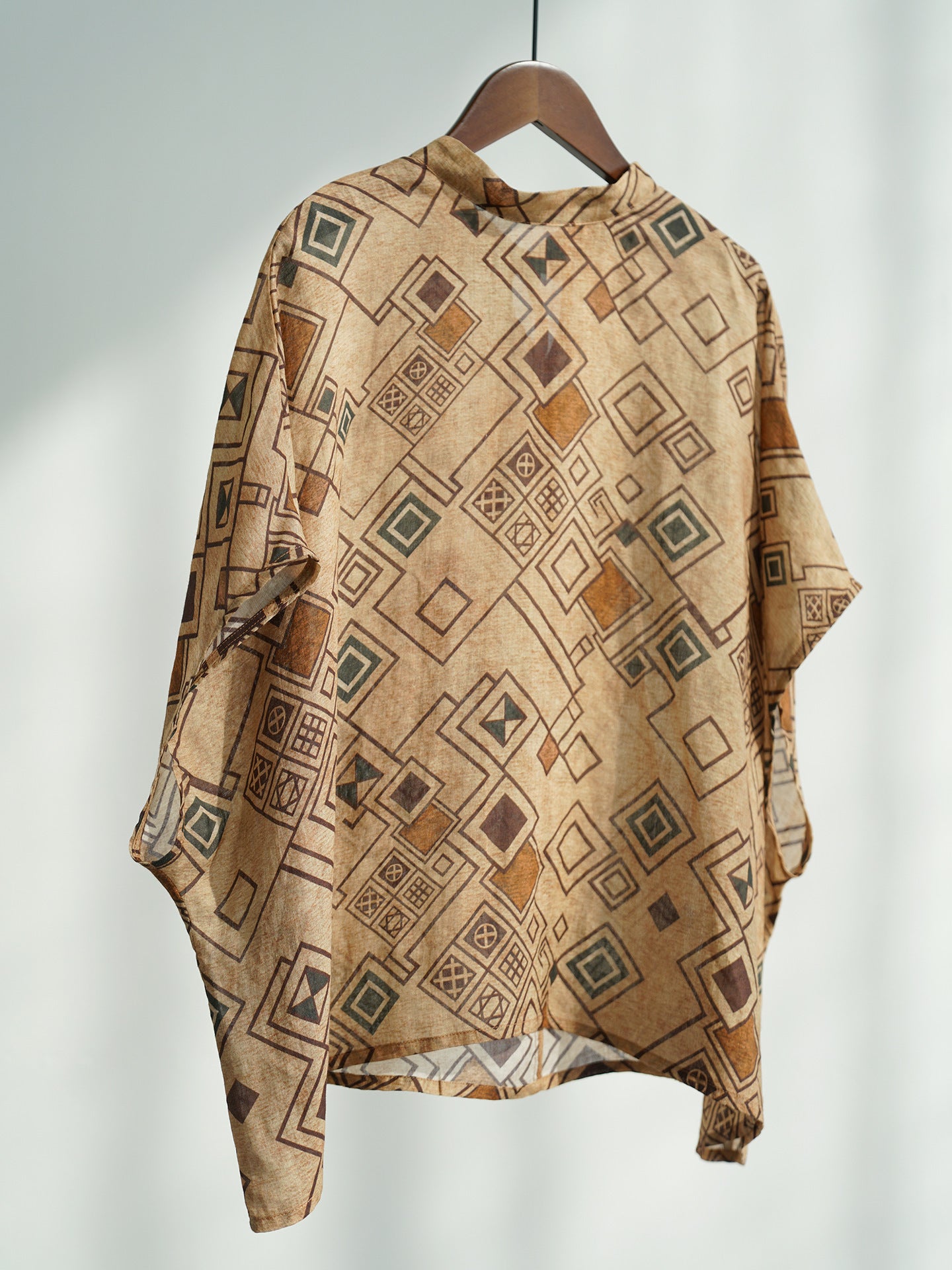 Brown Geometric Print Wide Sleeve Top