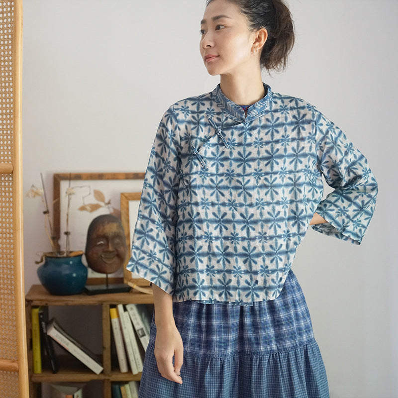 Indigo Dyed Print Cheongsam Qipao Top