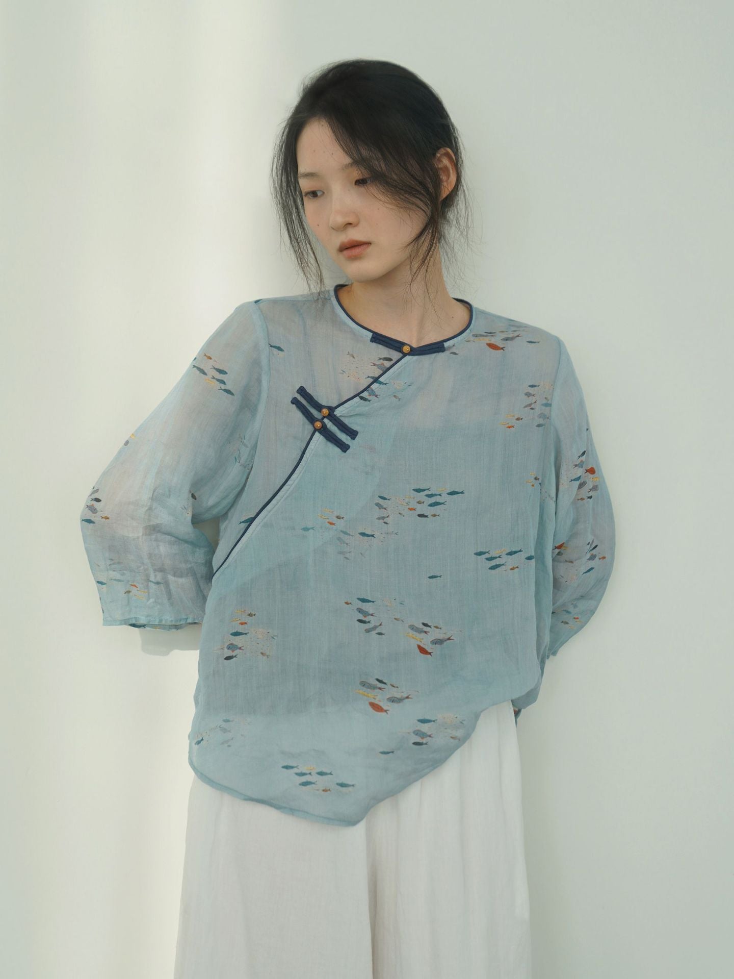 Little Fish Cheongsam Qipao Top in Blue