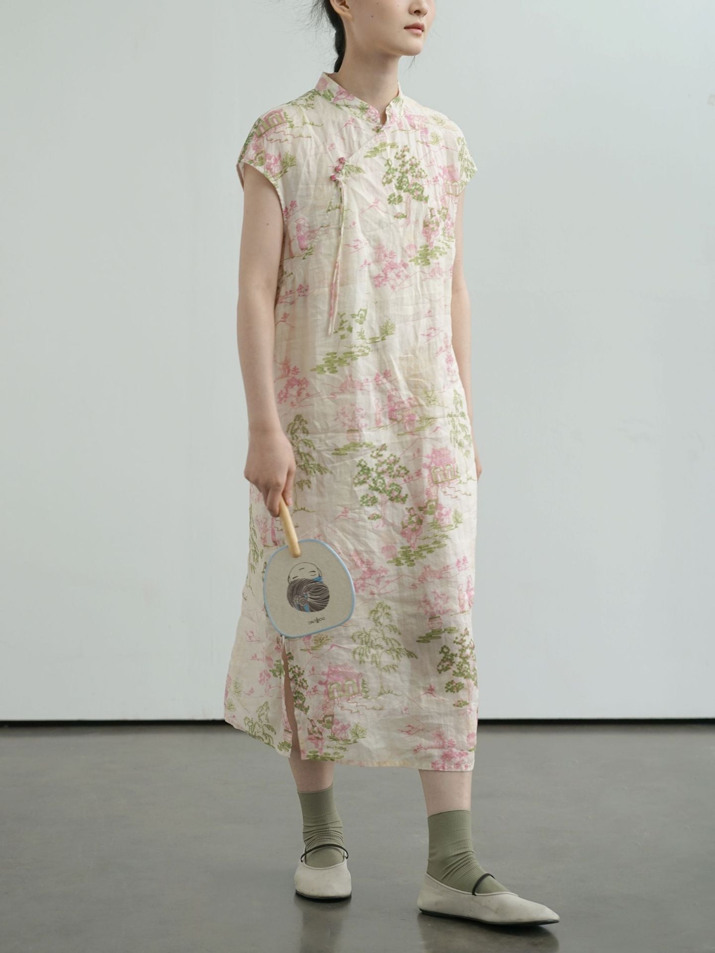 Pink and Green Painting Cheongsam Qipao Dress