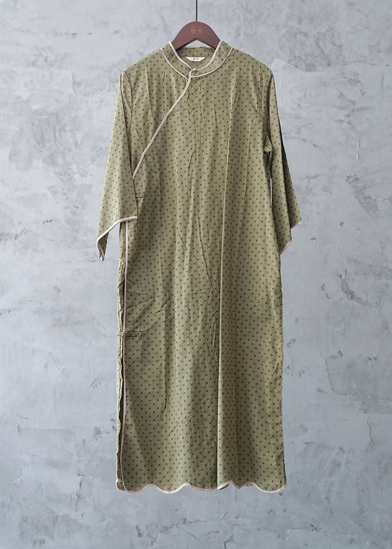 Polka Dot Cheongsam Dress 3/4 Sleeve in Army Green