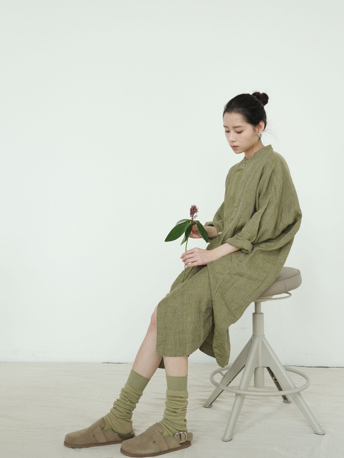 Stripe Linen Cheongsam Dress in Olive
