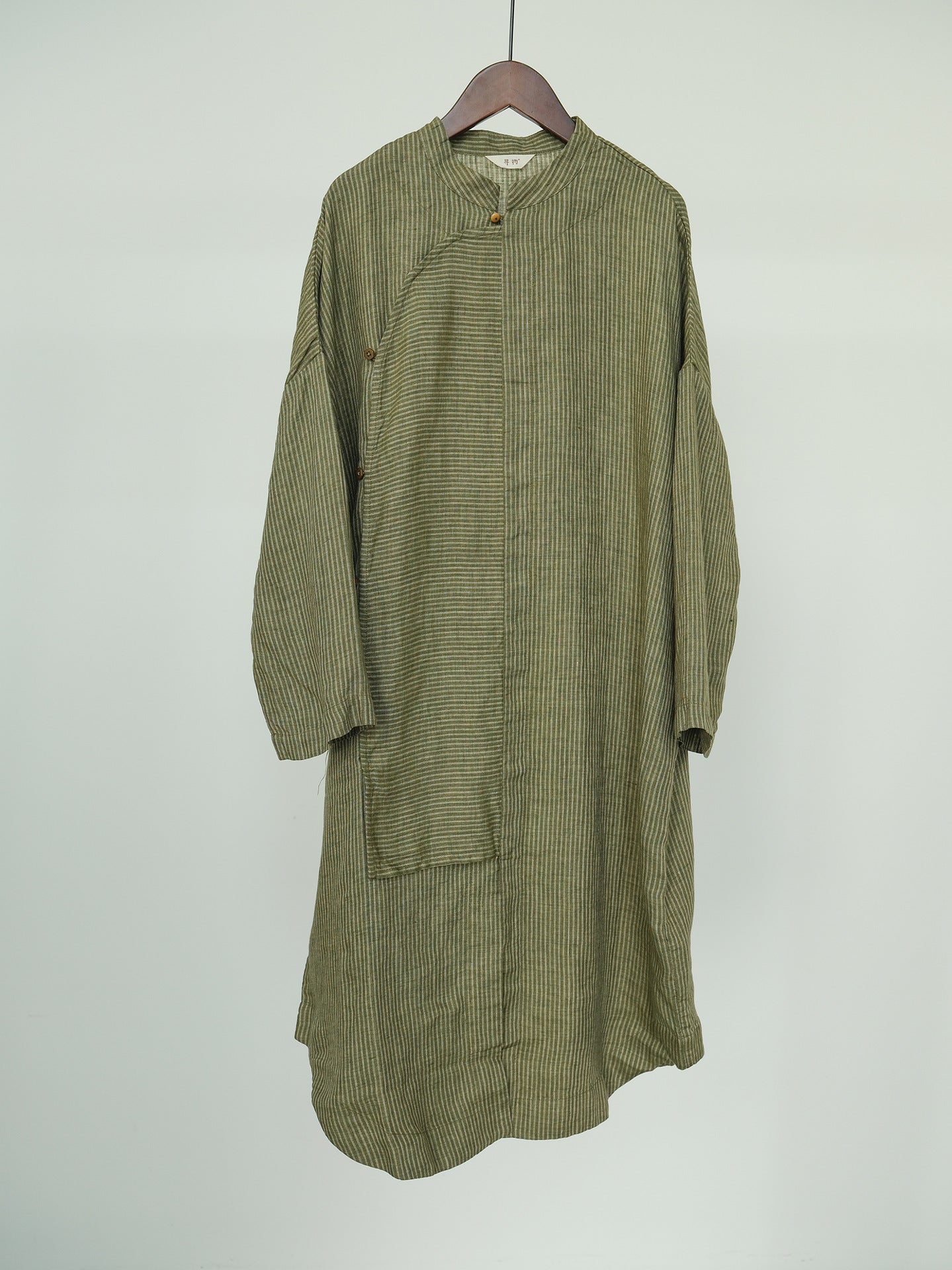 Stripe Linen Cheongsam Dress in Olive