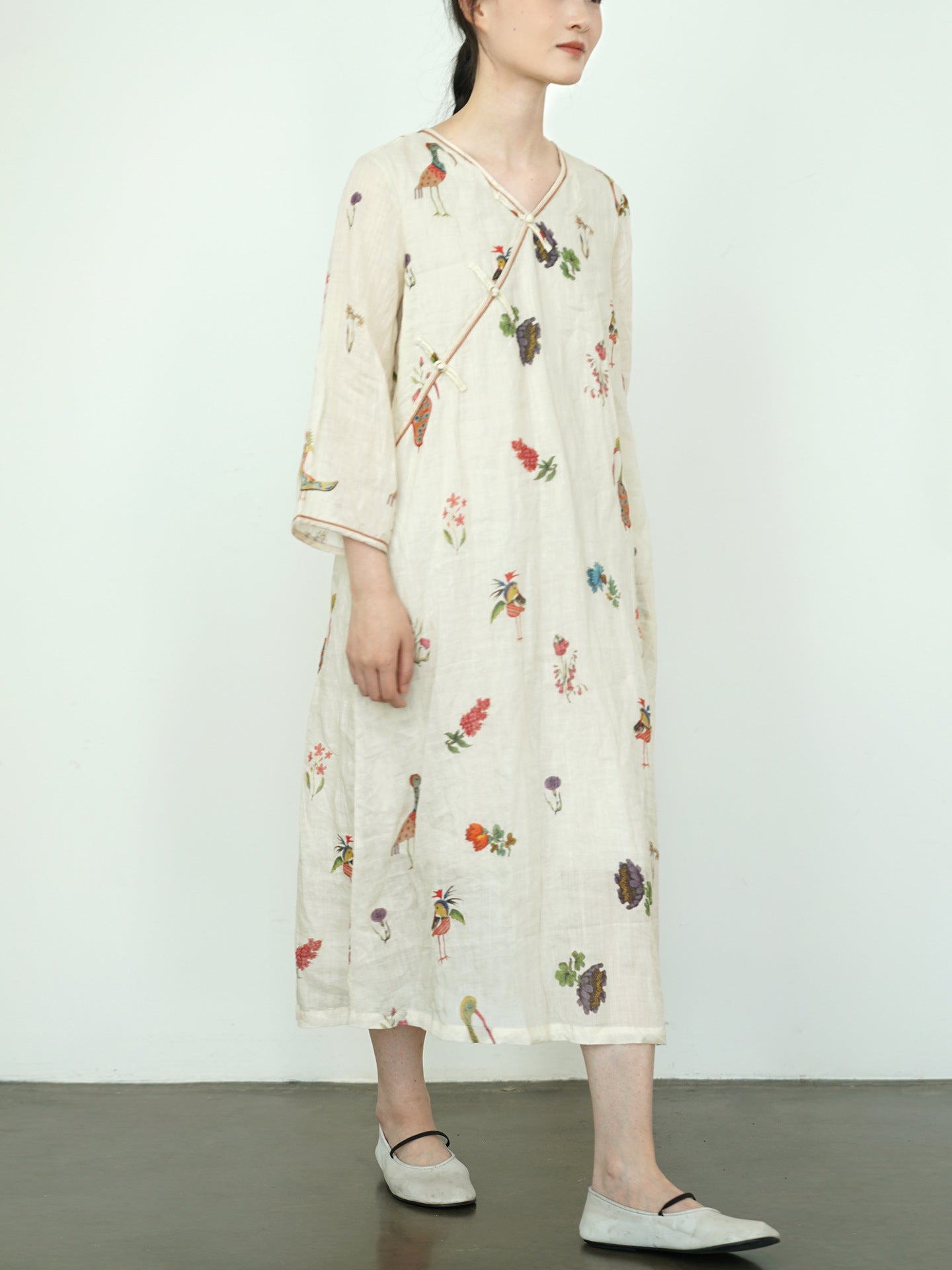 Spring Floral V-neck Cheongsam Qipao Dress