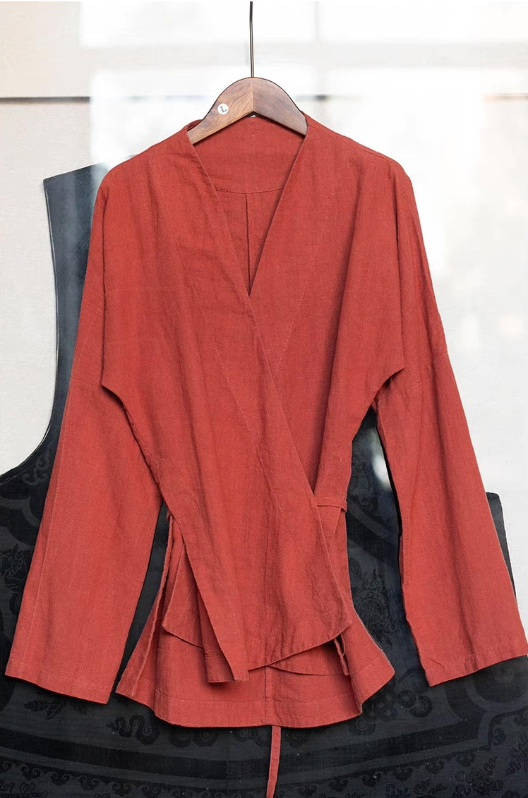 Zen Style Linen Coat in Orangy Red