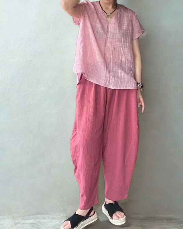 Cotton Linen Harem Pants in Dark Pink