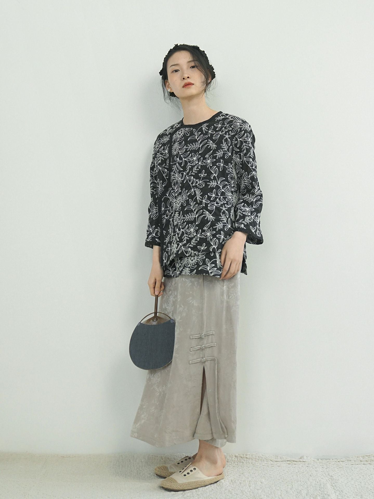 Black Embroidered top with Lace Collar