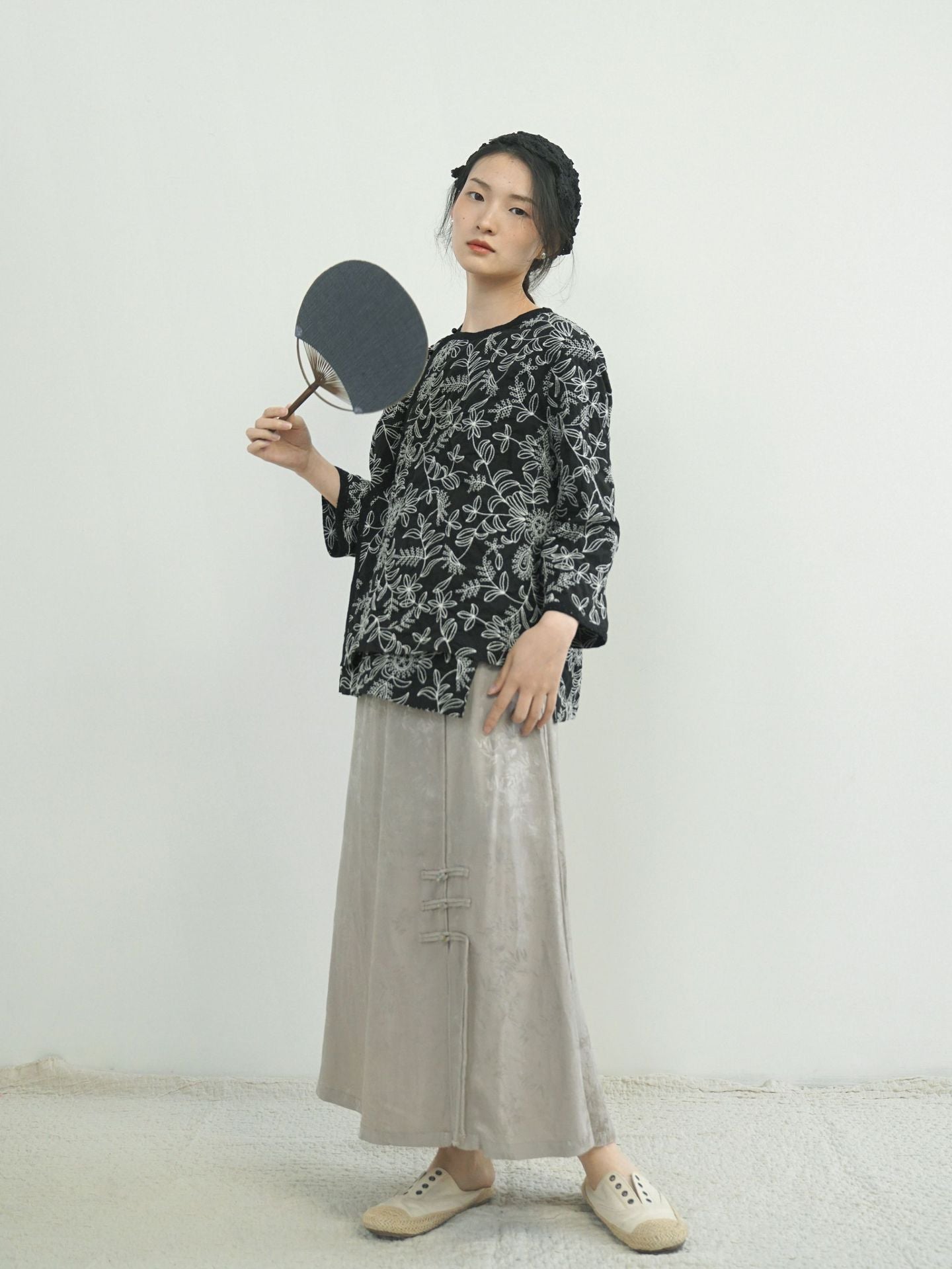 Black Embroidered top with Lace Collar