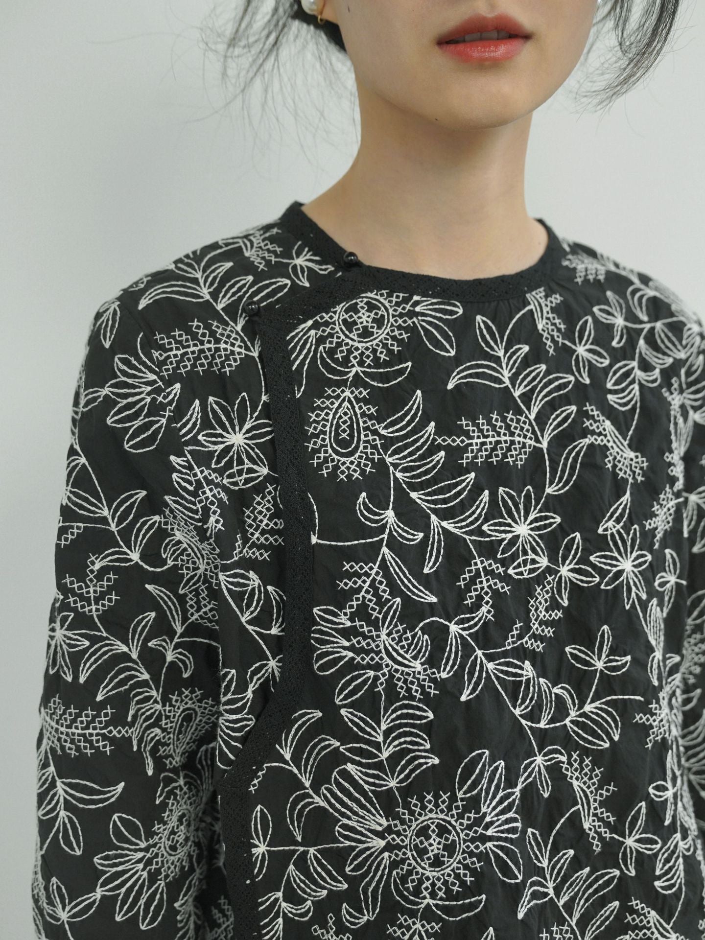 Black Embroidered top with Lace Collar