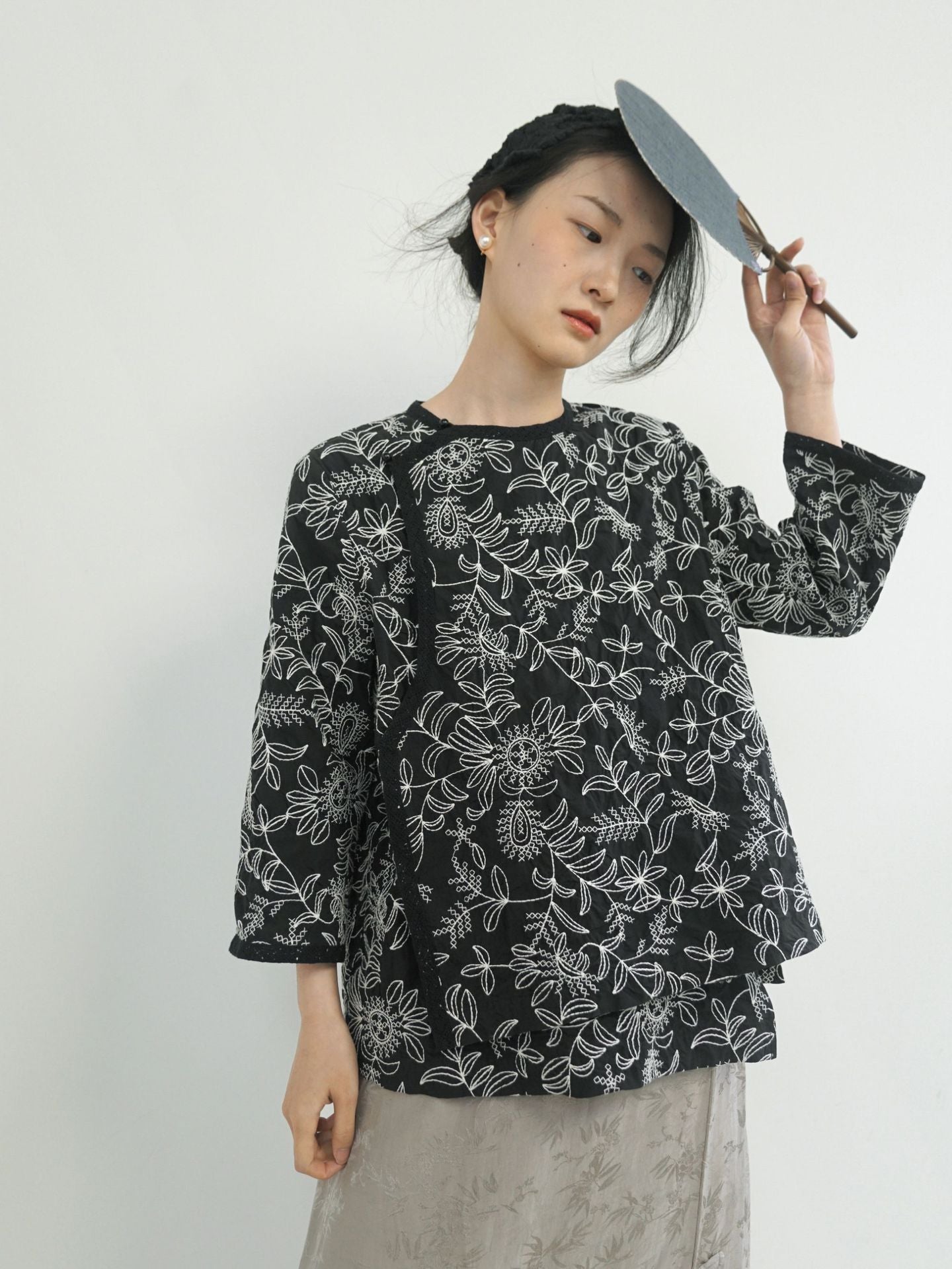 Black Embroidered top with Lace Collar
