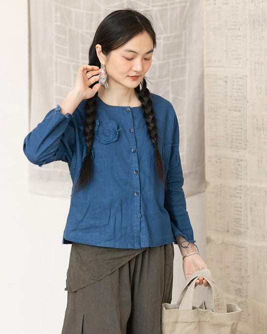 Blue Button Shirt with Flower Applique